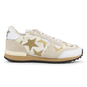 NEW Valentino White Brown Star Studded Leather Sneakers
